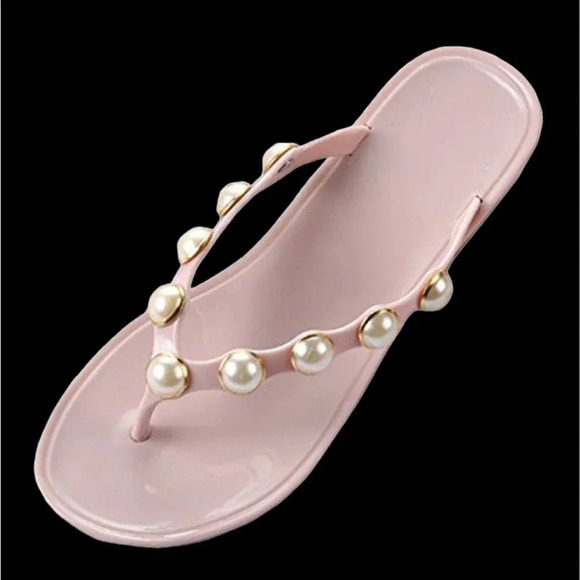 Luxe fashion nude pink pearl studded thong jelly slippers Sz  L - Picture 1 of 10
